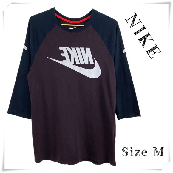 NIKE Logo Spell out 3/4 Sleeve Color Block Baseball Shirt in Brown / Back - Picture 1 of 8